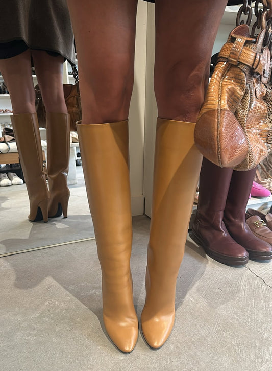 Saint Laurent Light Brown Leather Knee High Boots