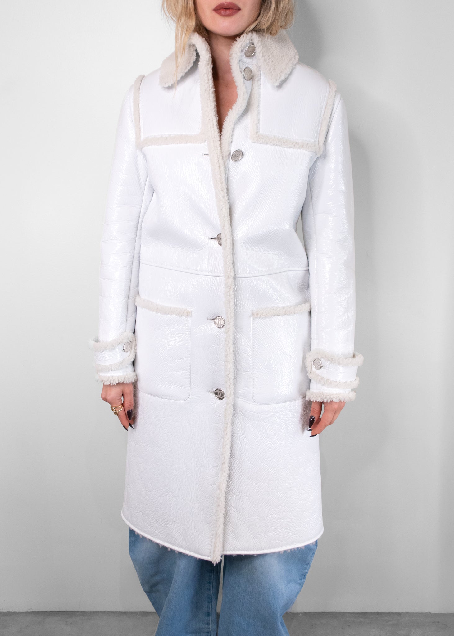 Chanel White Shearling and Patten Leather Single Breasted Coat