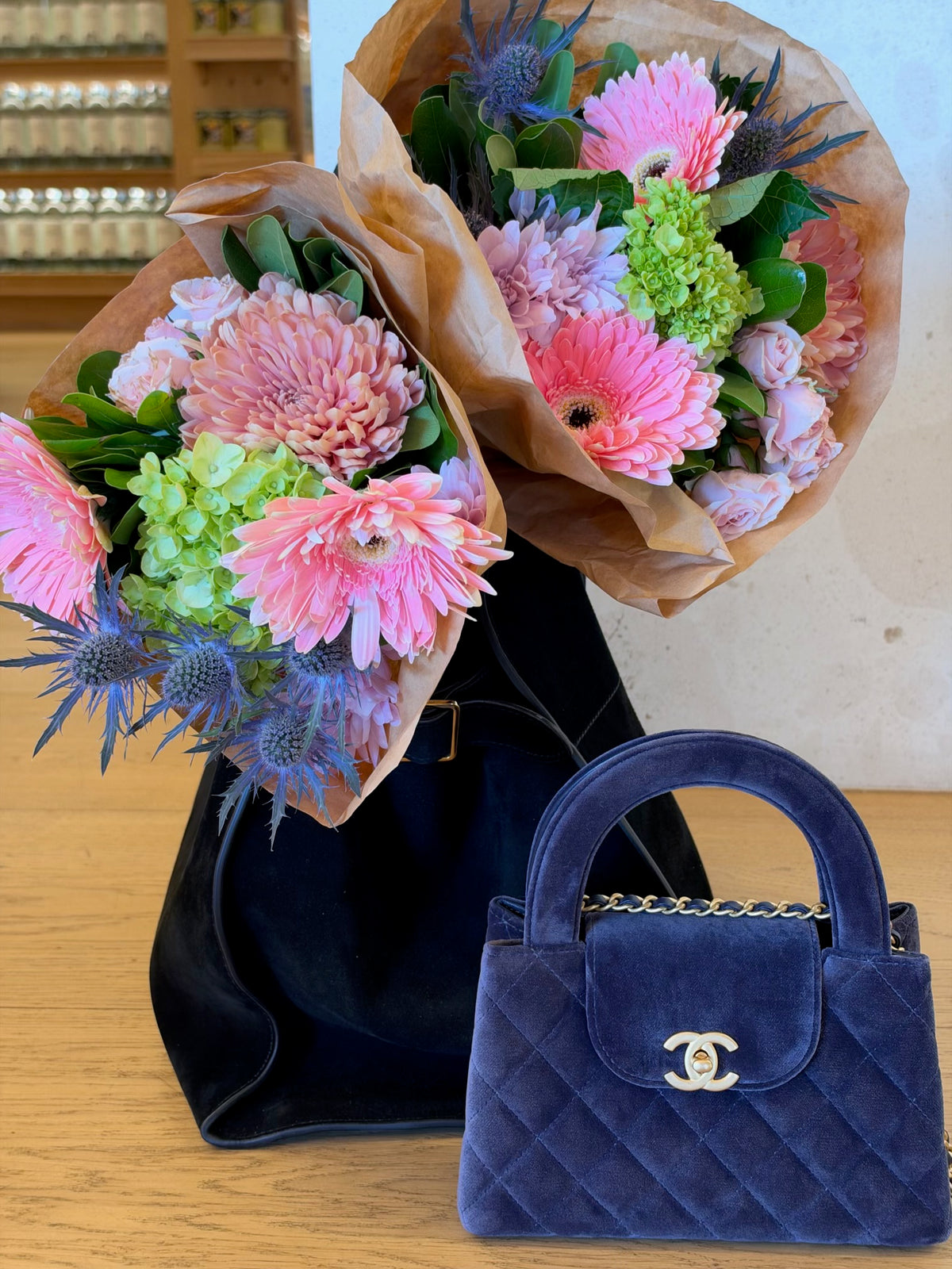 Chanel Navy Velvet Top Handle Kelly Bag With Gold Hardware
