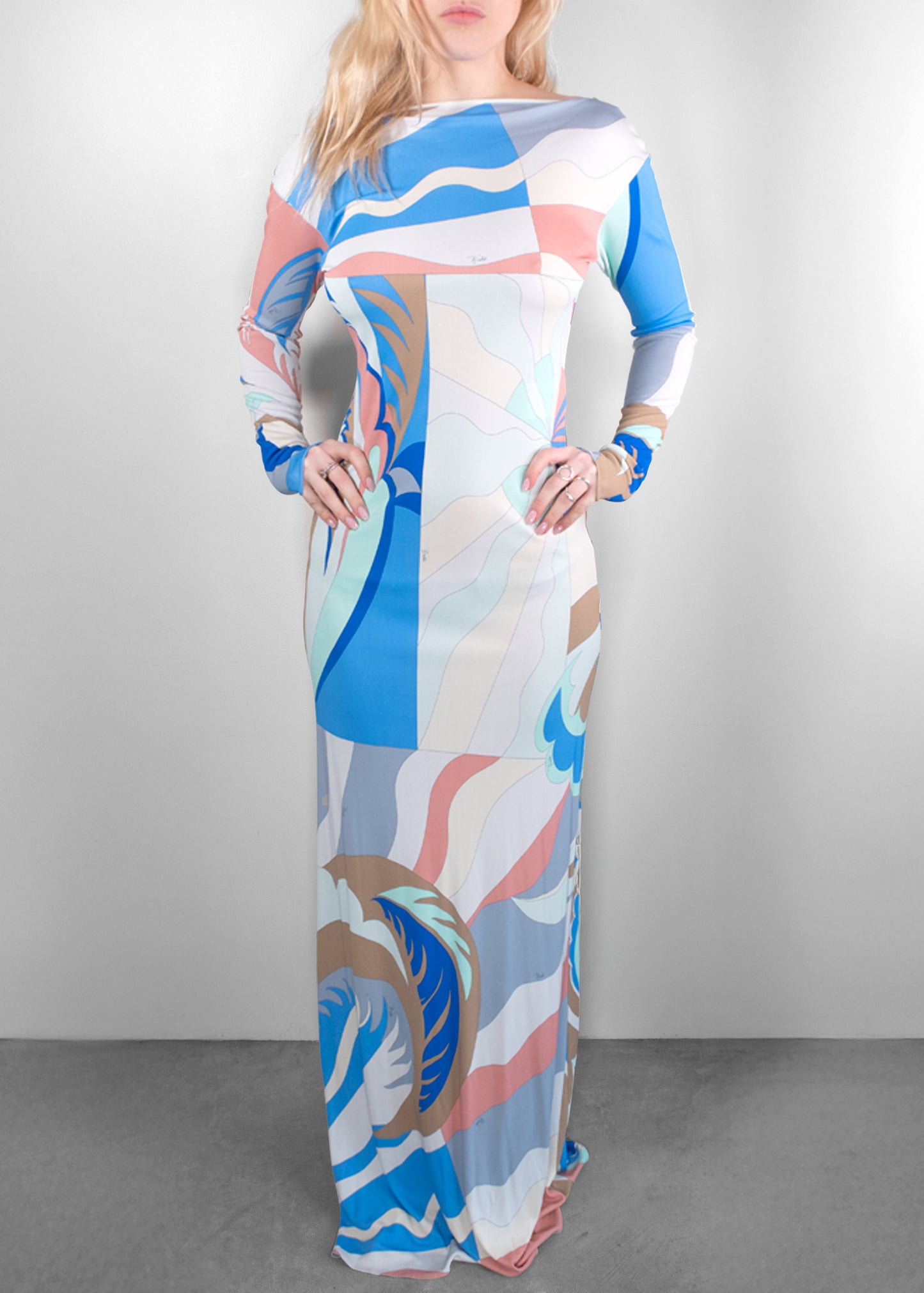Emilio Pucci Belted Printed Jersey Maxi Dress in Blue