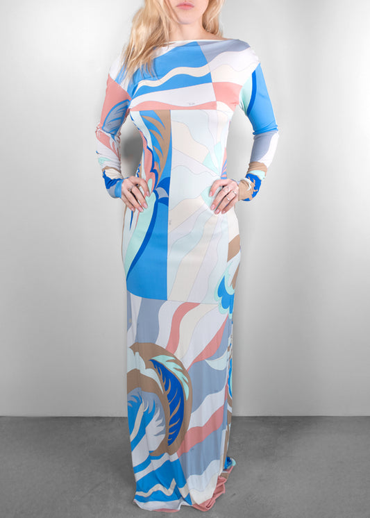 Emilio Pucci Belted Printed Jersey Maxi Dress in Blue