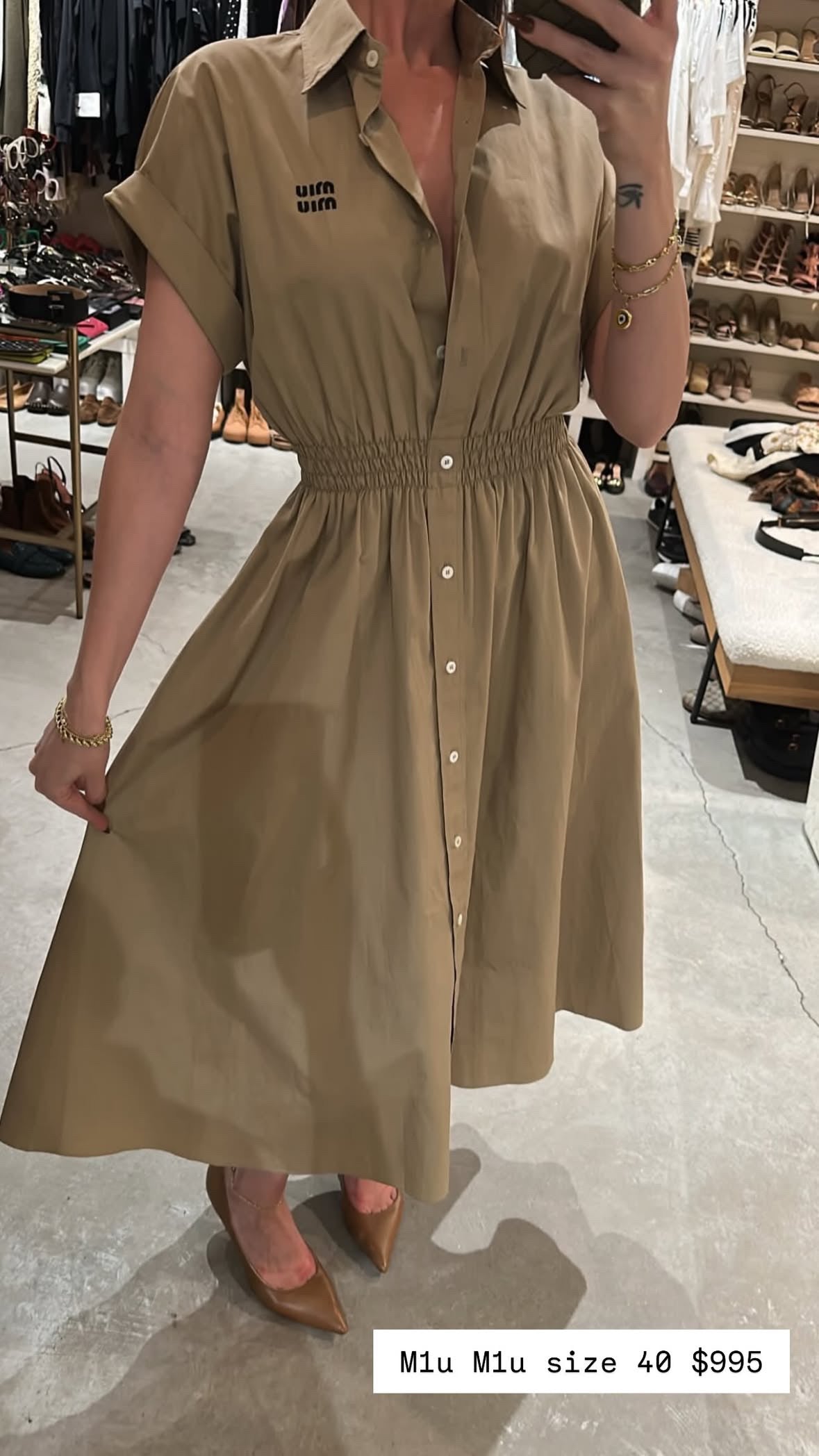 Miu Miu Khaki Short Sleeve Midi Dress With Elastic Waist Band Size 40
