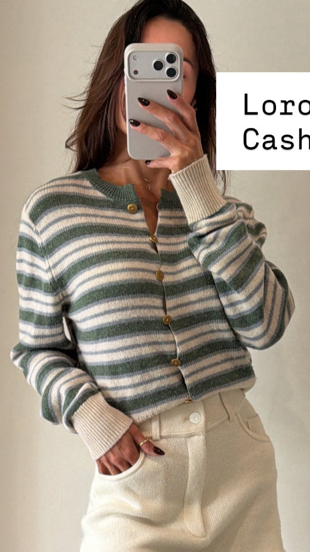 Loro Piana Green And Beige Striped Cardigan With Gold Buttons Size 38