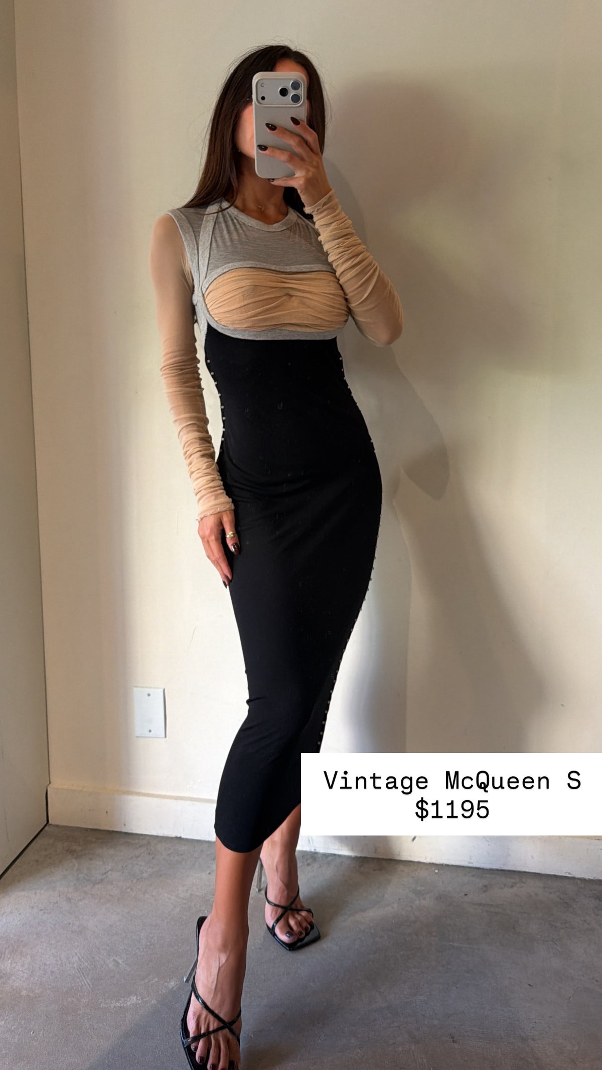 Alexander Mcqueen Black Beige And Grey Maxi Dress With Long Sleeves And Silver Pin Details Size 42