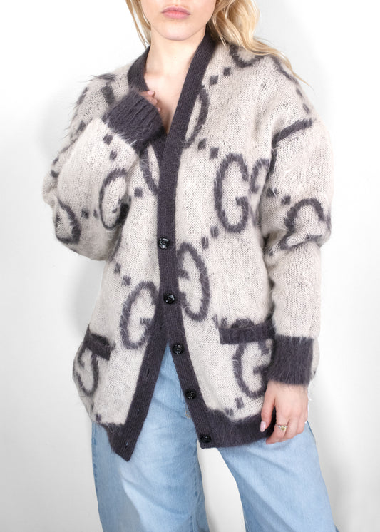 Gucci Reversible GG Mohair Cardigan in Cream and Dark Grey