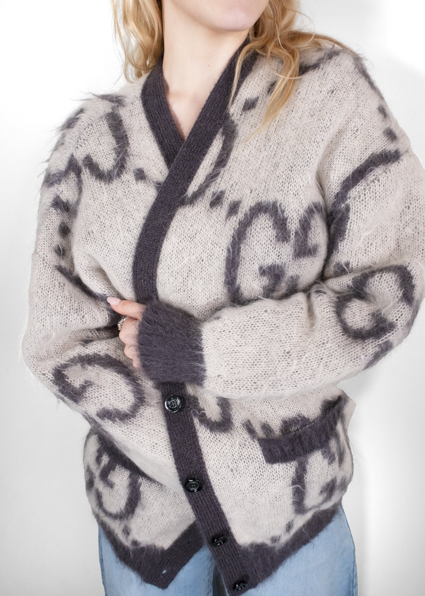Gucci Reversible GG Mohair Cardigan in Cream and Dark Grey