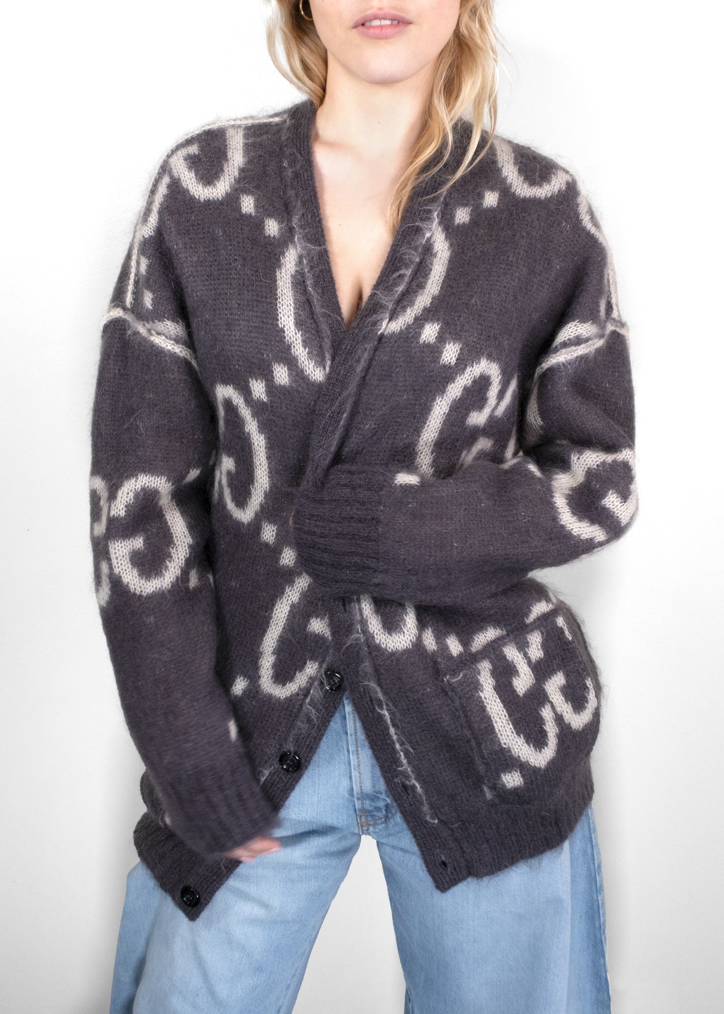 Gucci Reversible GG Mohair Cardigan in Cream and Dark Grey