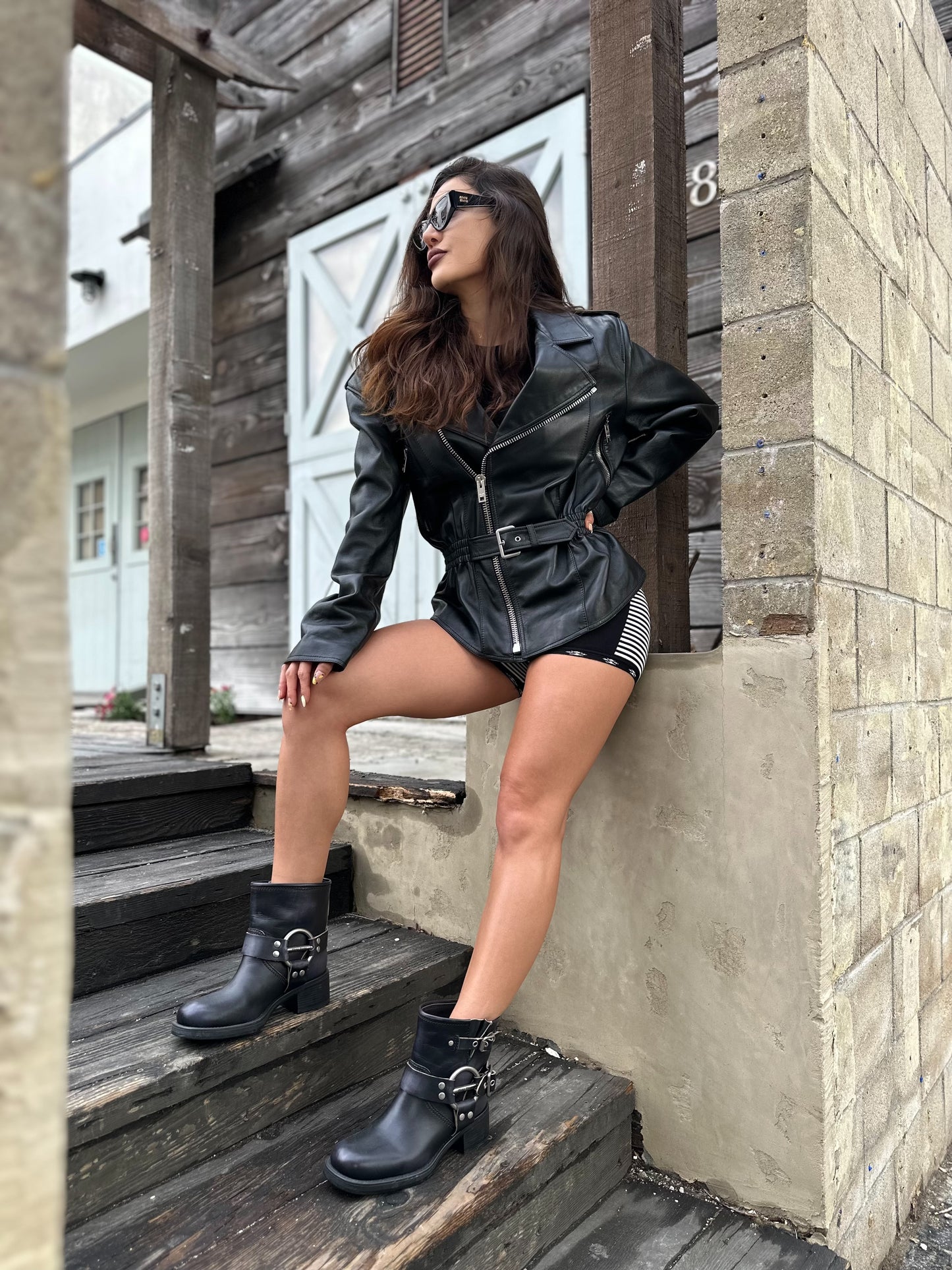 Miu Miu Leather Harness Buckle Engineer Boots