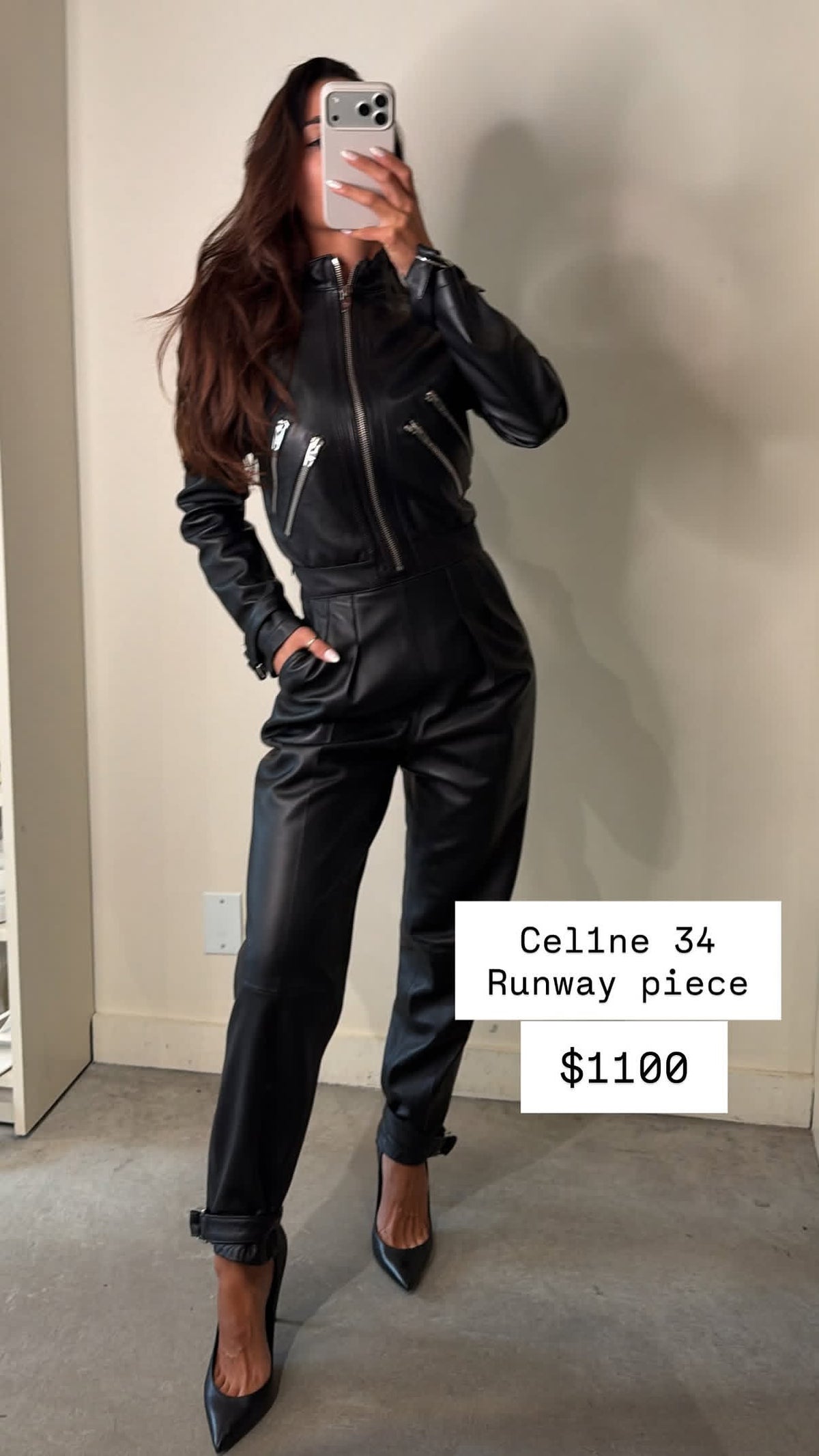 Celine Black Leather Jumpsuit With Long Sleeves And Silver Zippers No Size