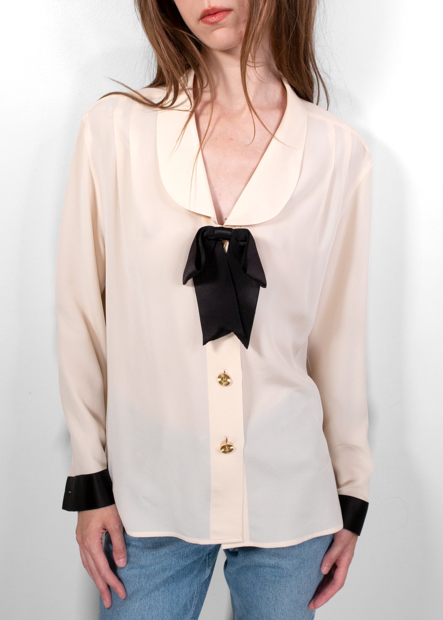 Chanel Cream Silk Blouse with Black Bow and Gold Buttons