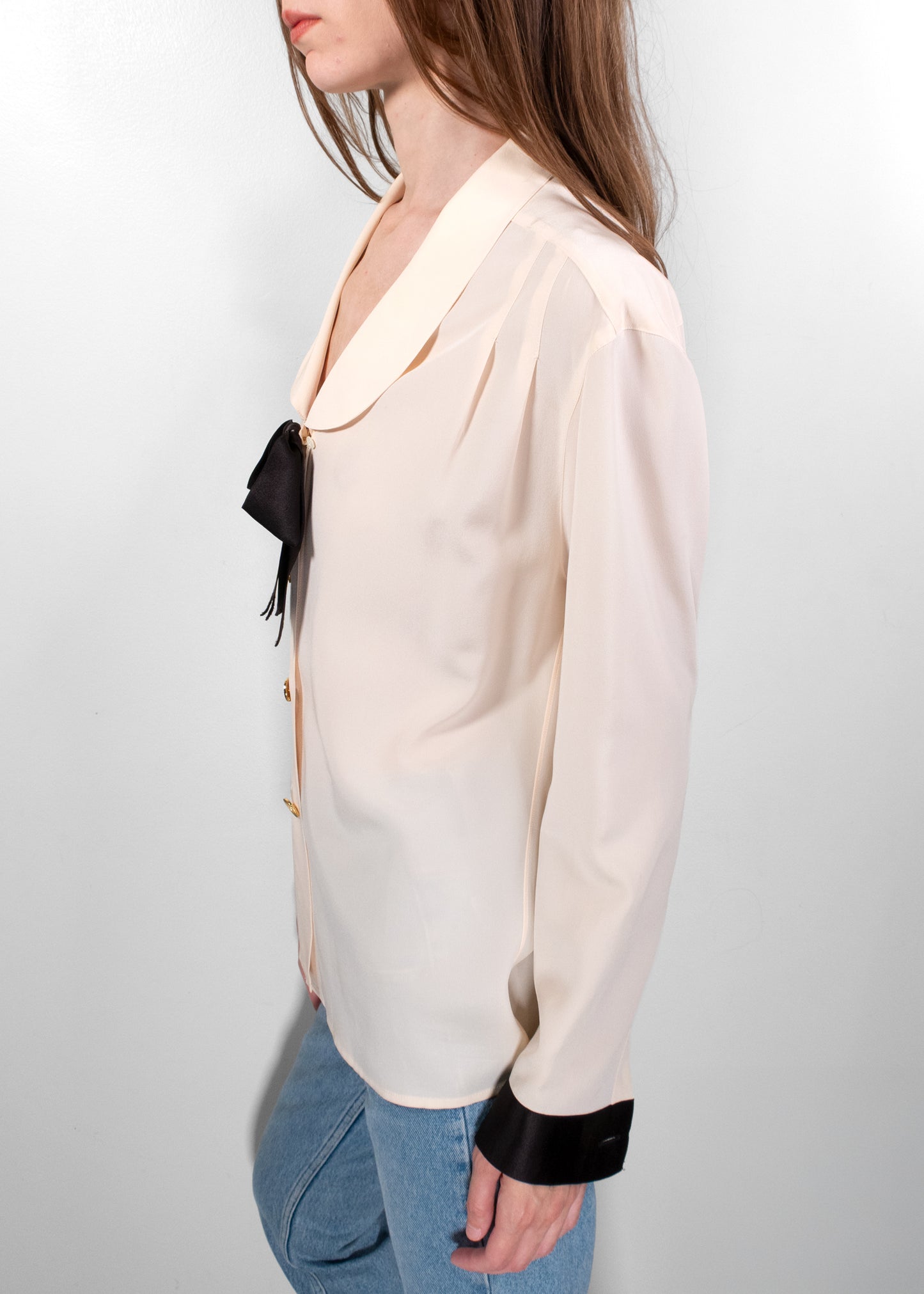 Chanel Cream Silk Blouse with Black Bow and Gold Buttons