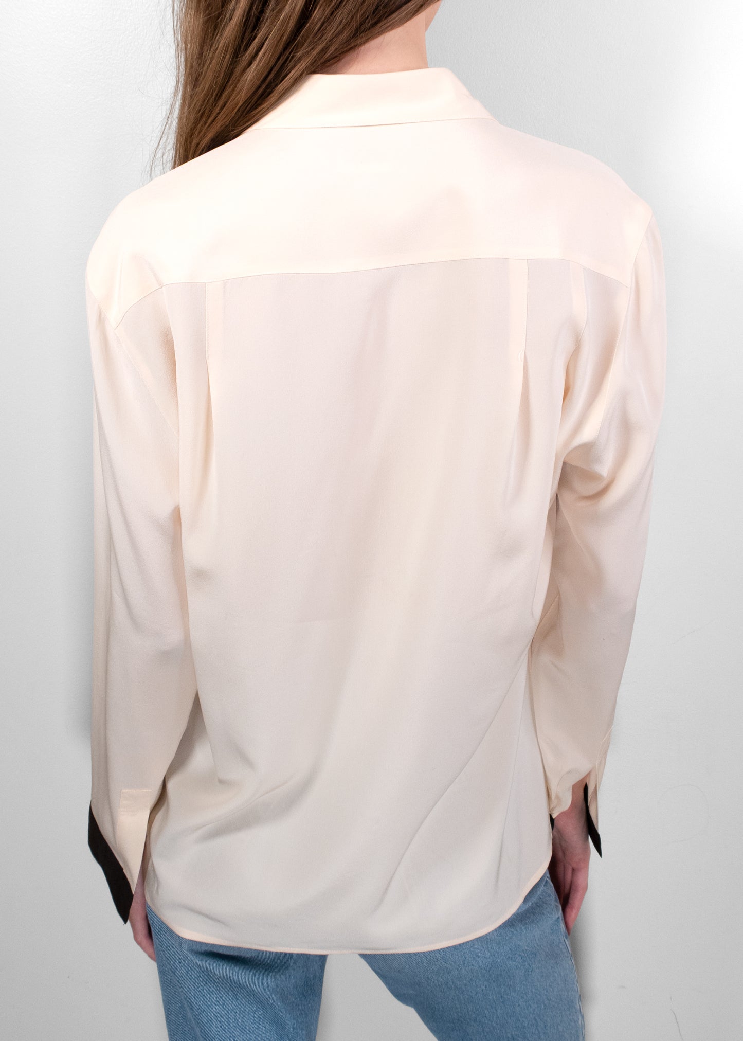 Chanel Cream Silk Blouse with Black Bow and Gold Buttons