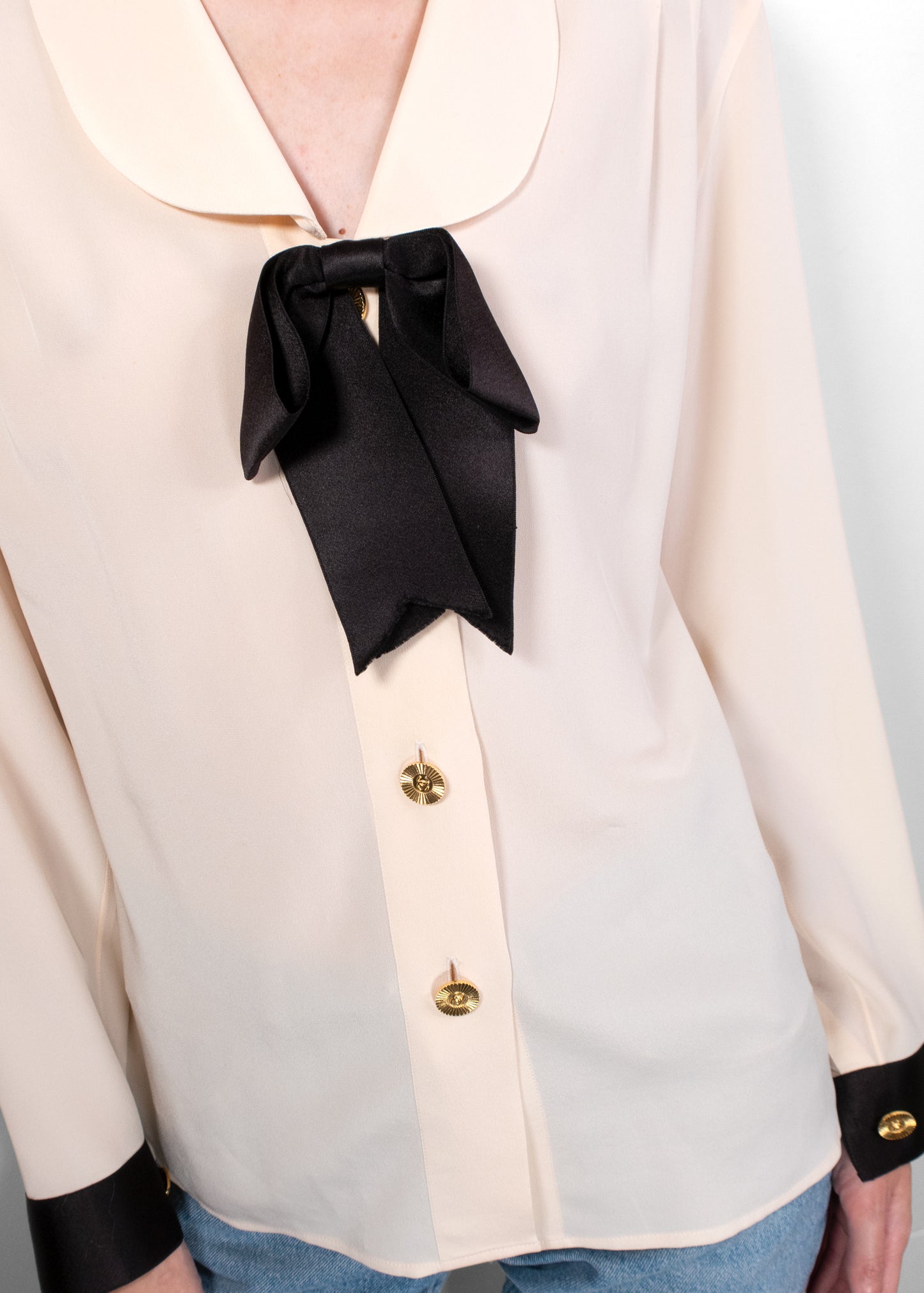 Chanel Cream Silk Blouse with Black Bow and Gold Buttons