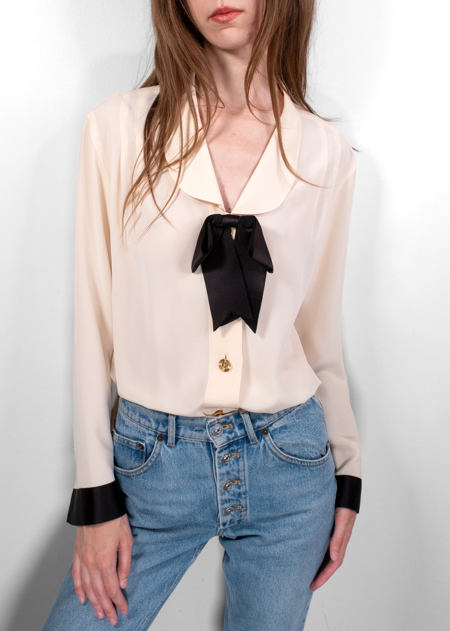 Chanel Cream Silk Blouse with Black Bow and Gold Buttons