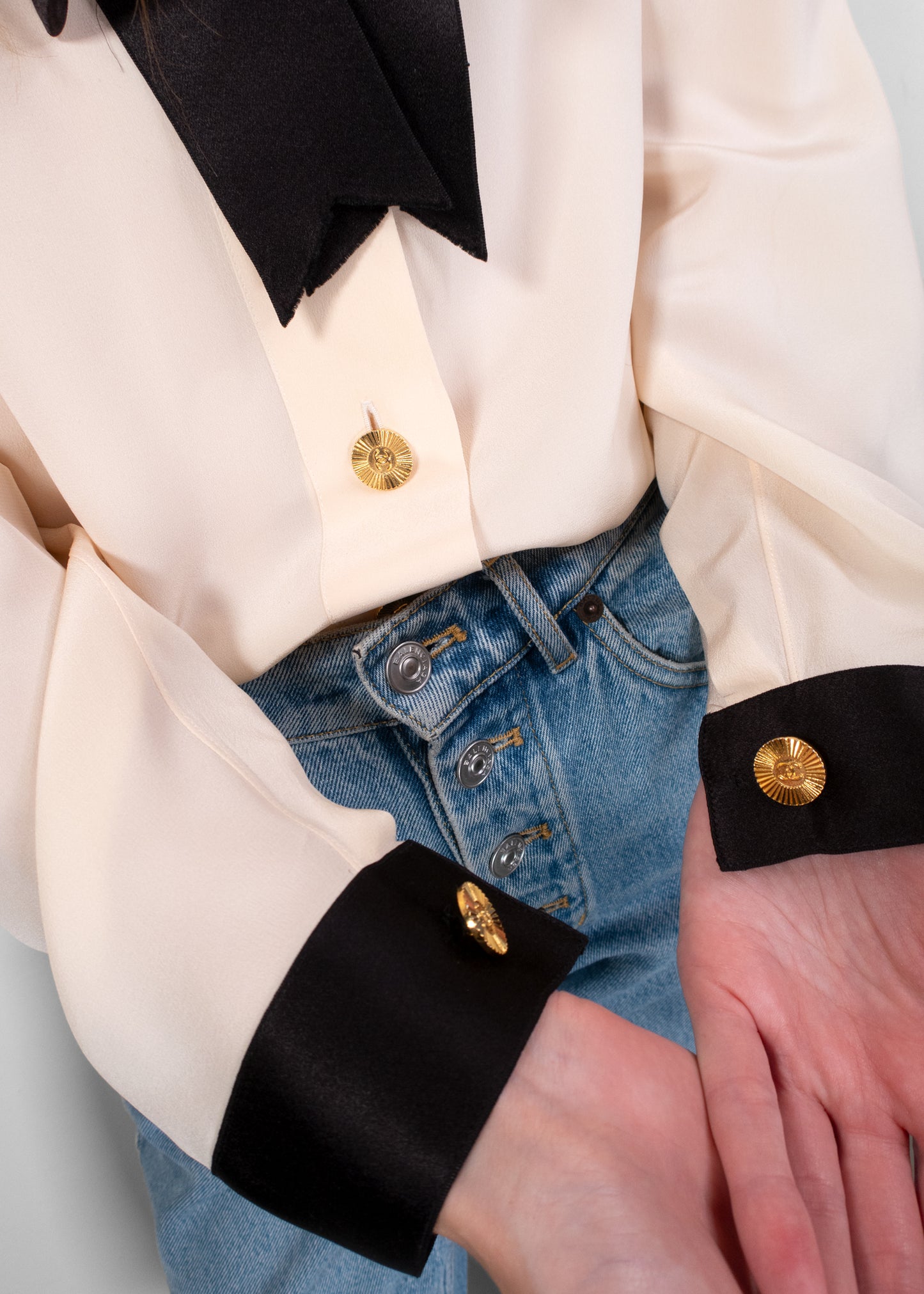 Chanel Cream Silk Blouse with Black Bow and Gold Buttons