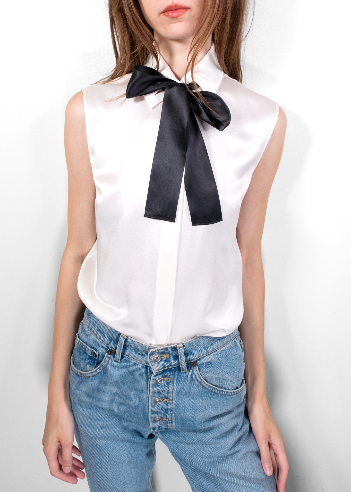 Chanel Ivory Silk Sleeveless Button-Up Blouse