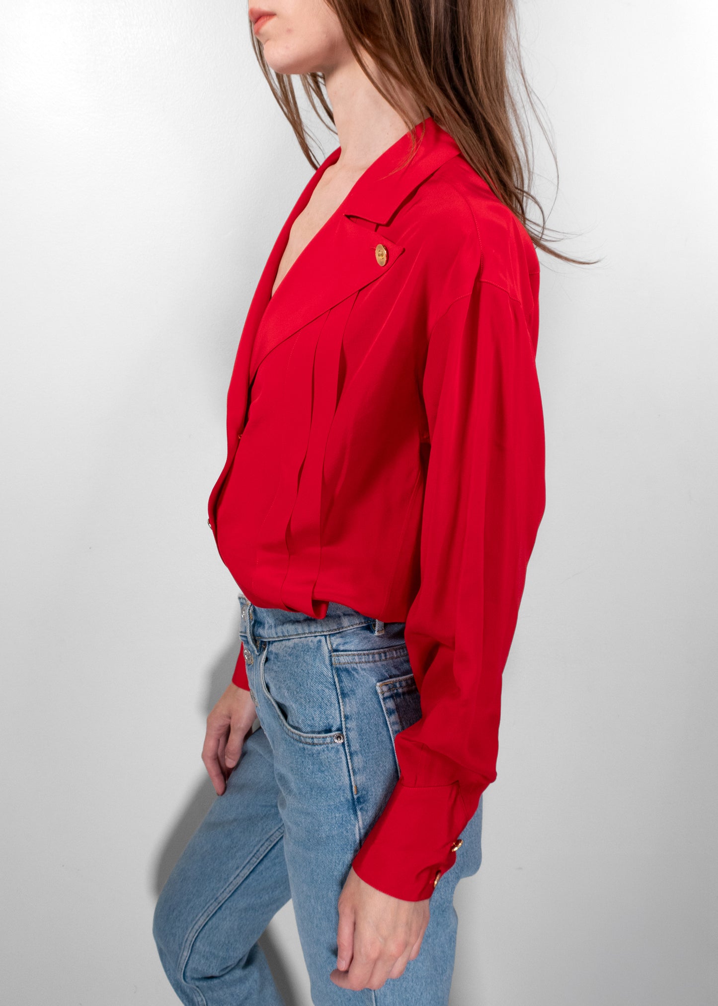 Chanel Vintage Red Silk Double-Breasted Blouse