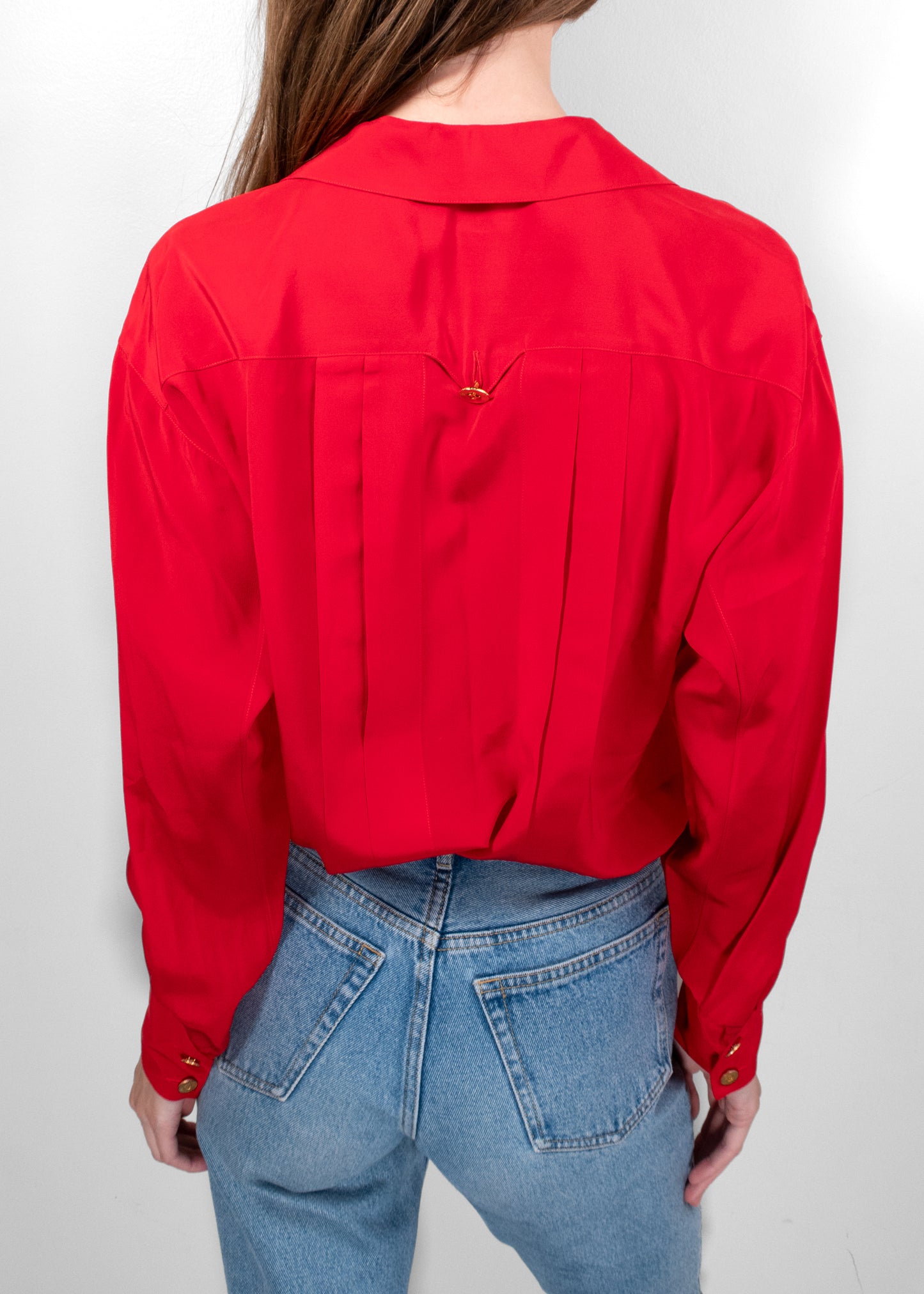 Chanel Vintage Red Silk Double-Breasted Blouse