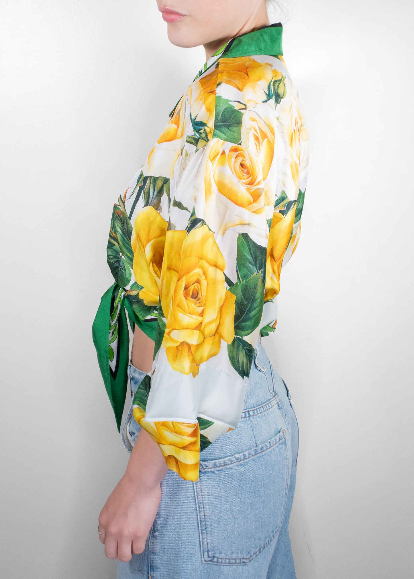 Dolce & Gabbana Yellow Rose Print Tie-Front Blouse