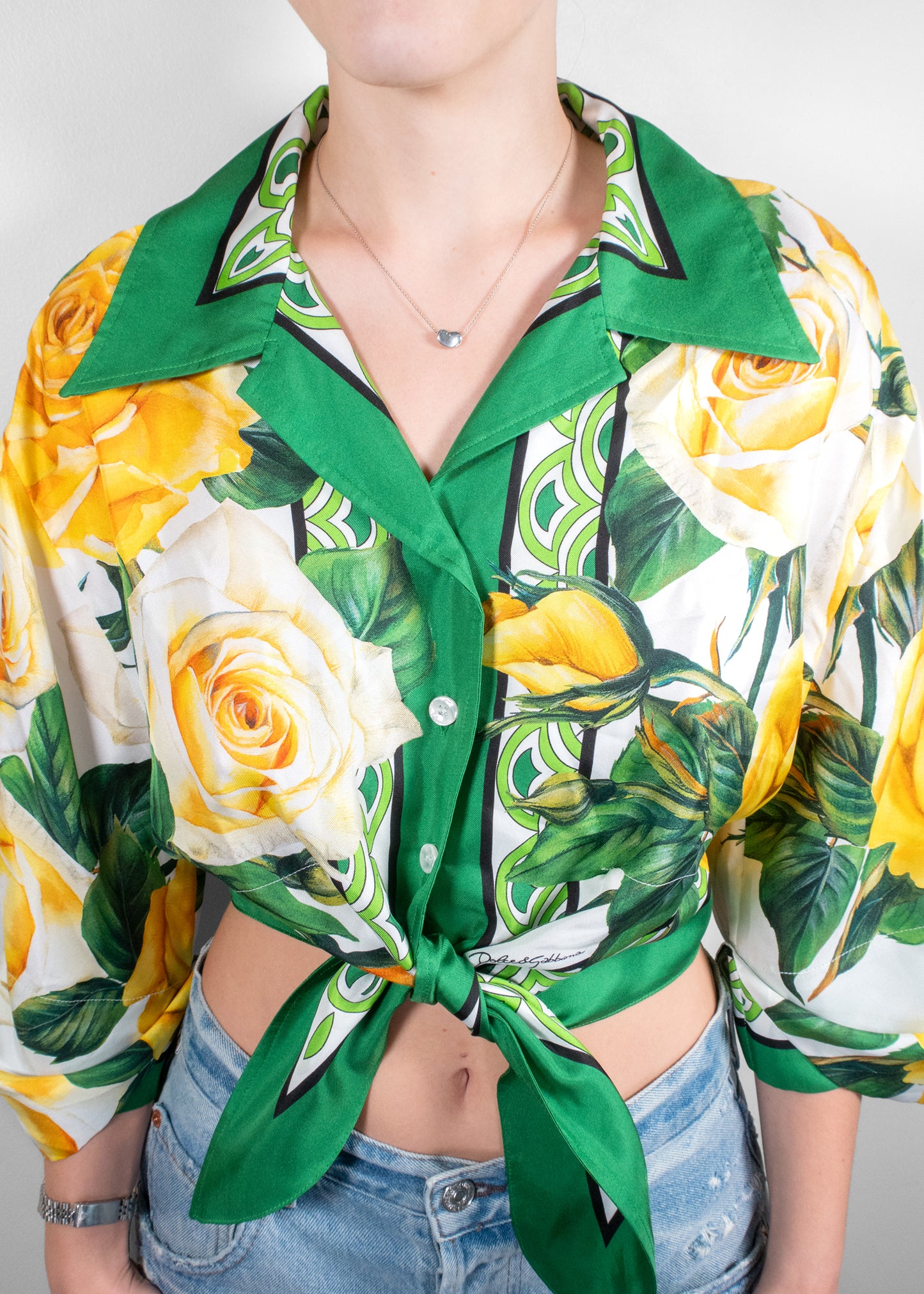 Dolce & Gabbana Yellow Rose Print Tie-Front Blouse