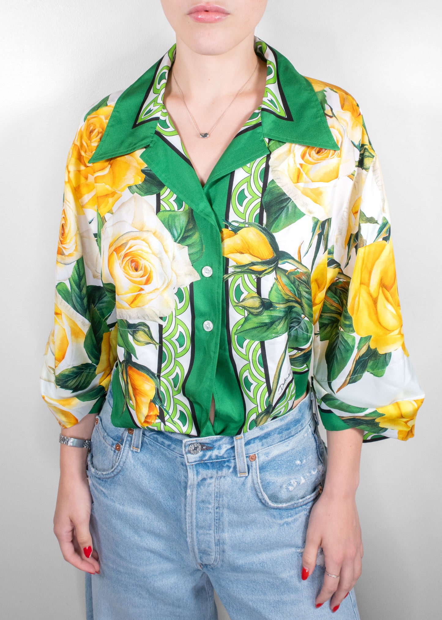 Dolce & Gabbana Yellow Rose Print Tie-Front Blouse