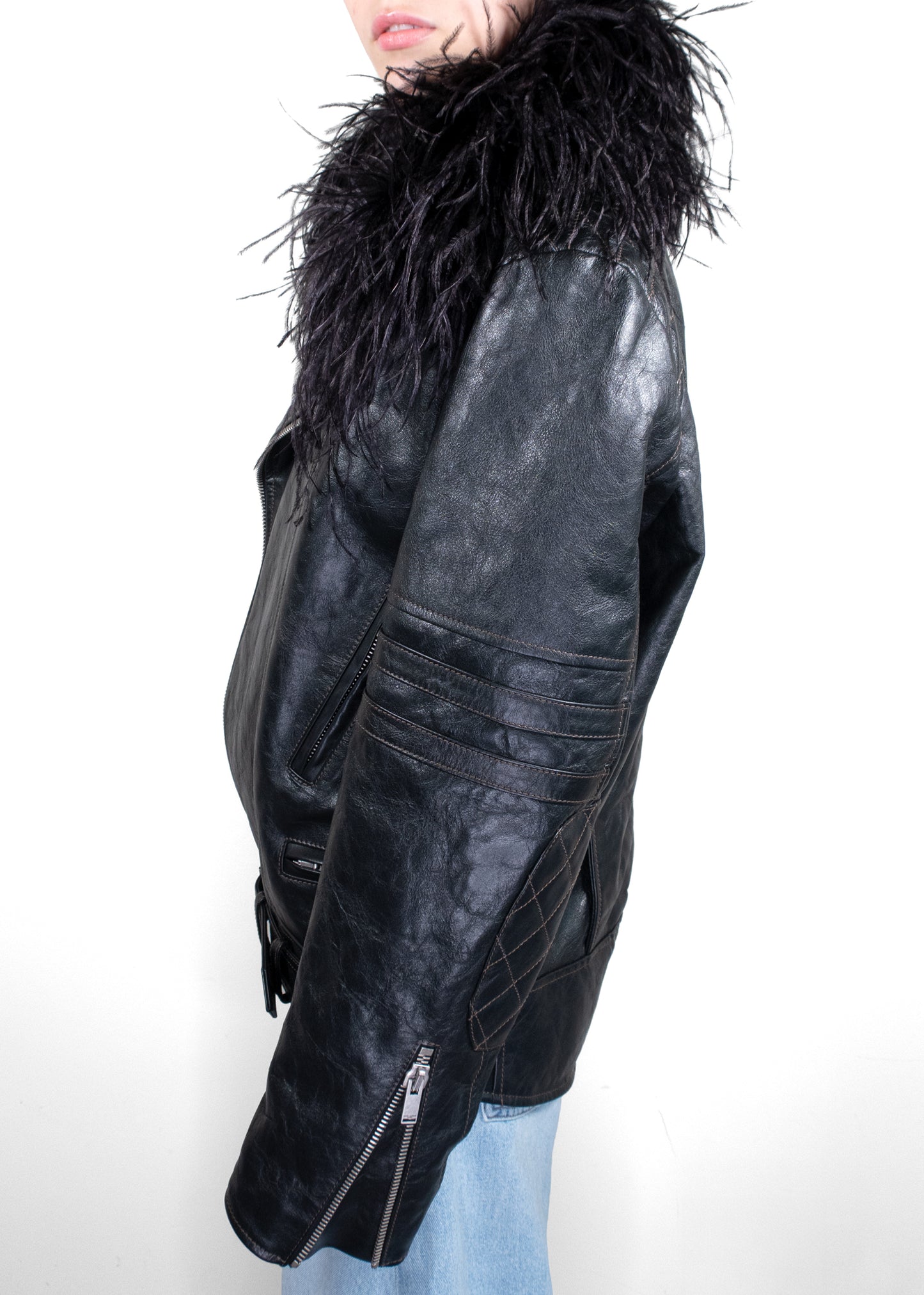 Saint Laurent Black Leather Jacket With Feather Collar
