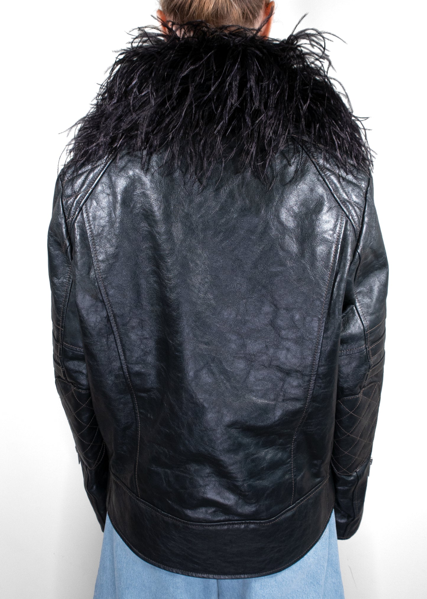 Saint Laurent Black Leather Jacket With Feather Collar