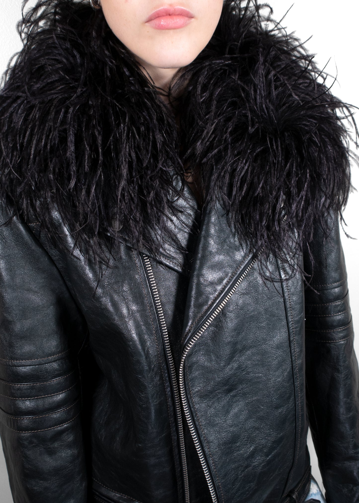 Saint Laurent Black Leather Jacket With Feather Collar