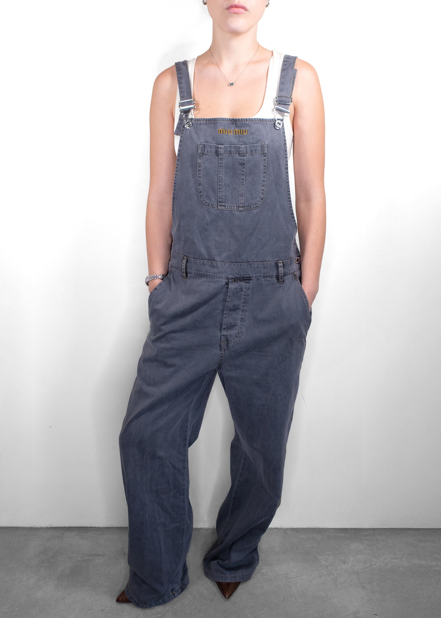 Miu Miu Charcoal Denim Logo Overalls