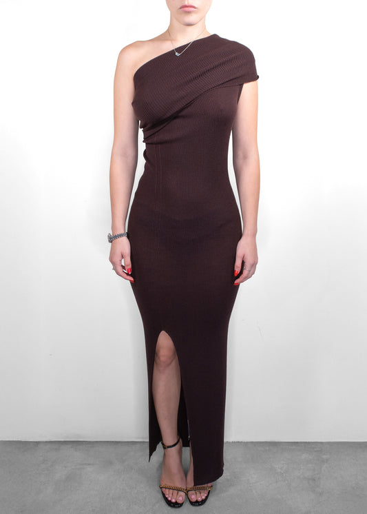 Rick Owens Chocolate Ribbed One-Shoulder Maxi Dress