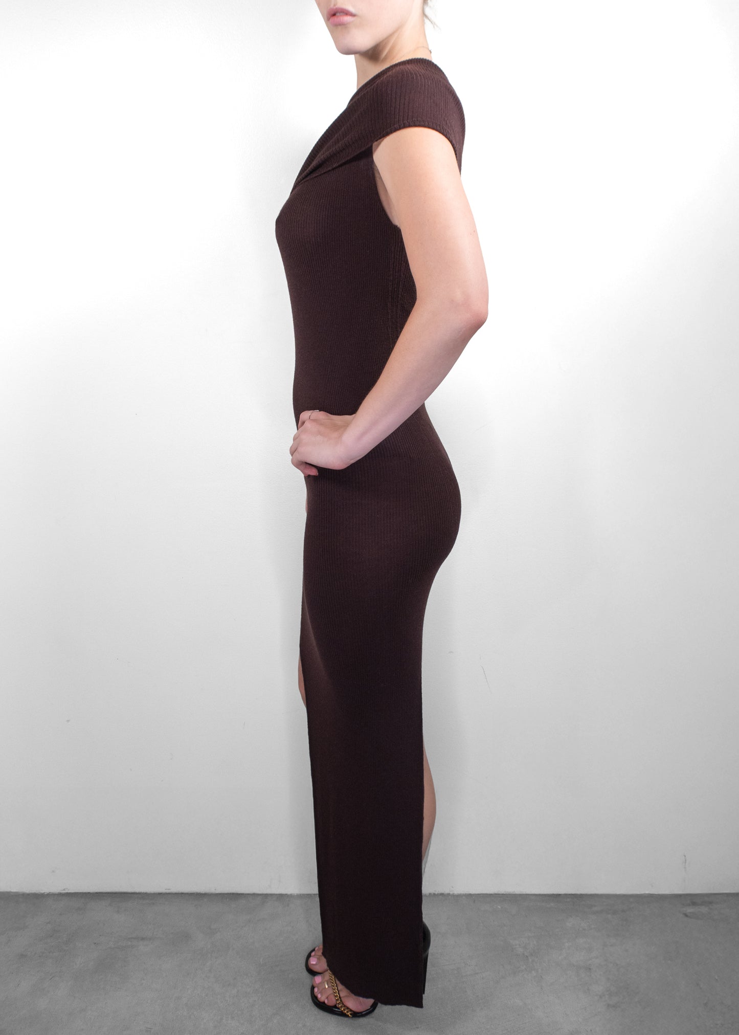 Rick Owens Chocolate Ribbed One-Shoulder Maxi Dress