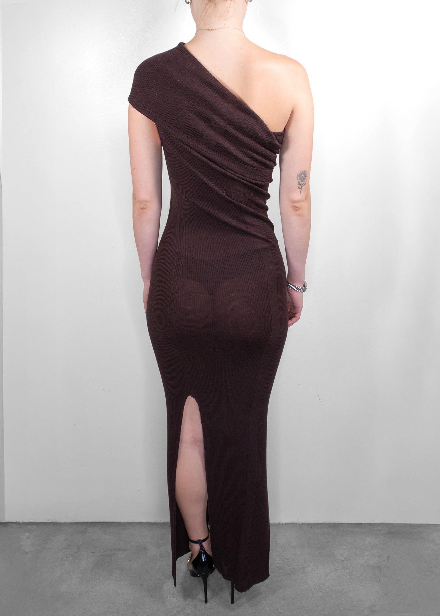 Rick Owens Chocolate Ribbed One-Shoulder Maxi Dress