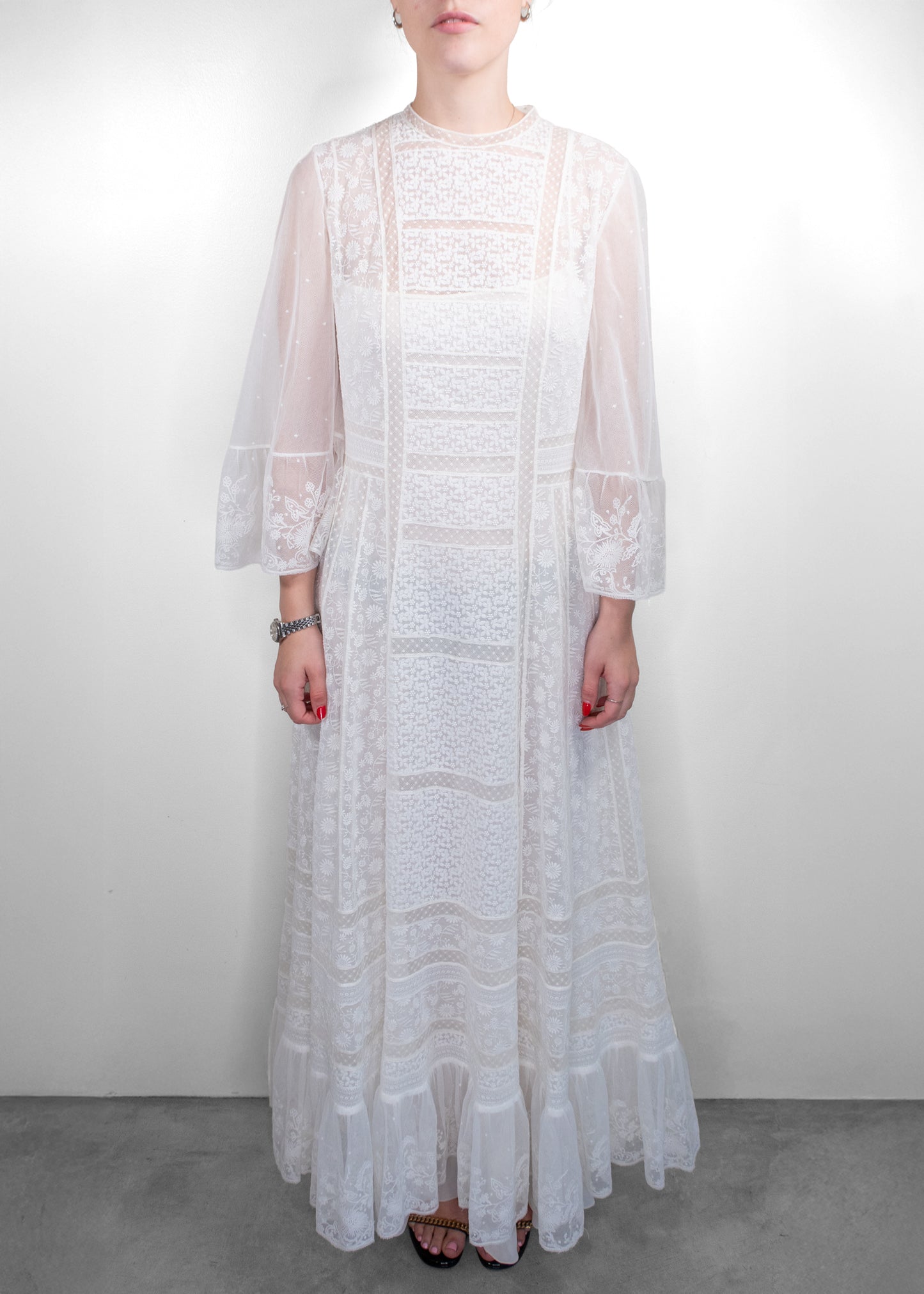 Dior White Embroidered Sheer Lace Maxi Dress