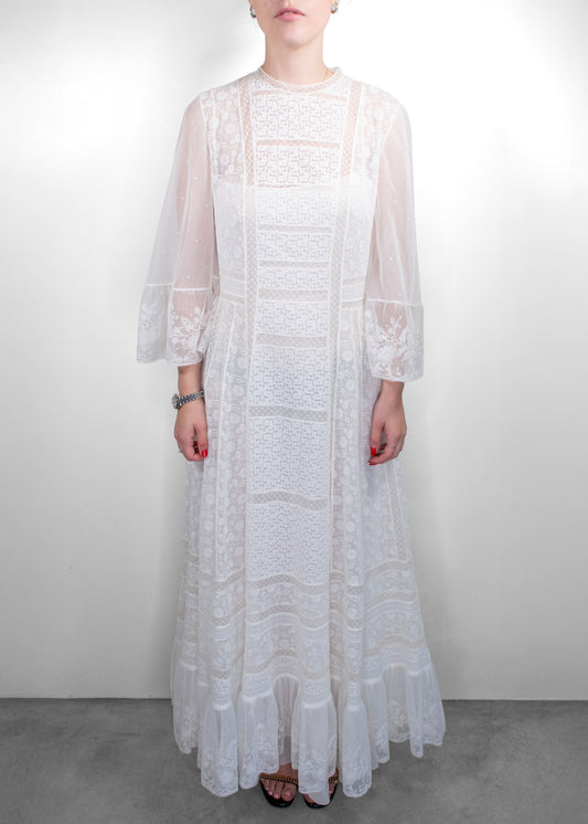 Dior White Embroidered Sheer Lace Maxi Dress
