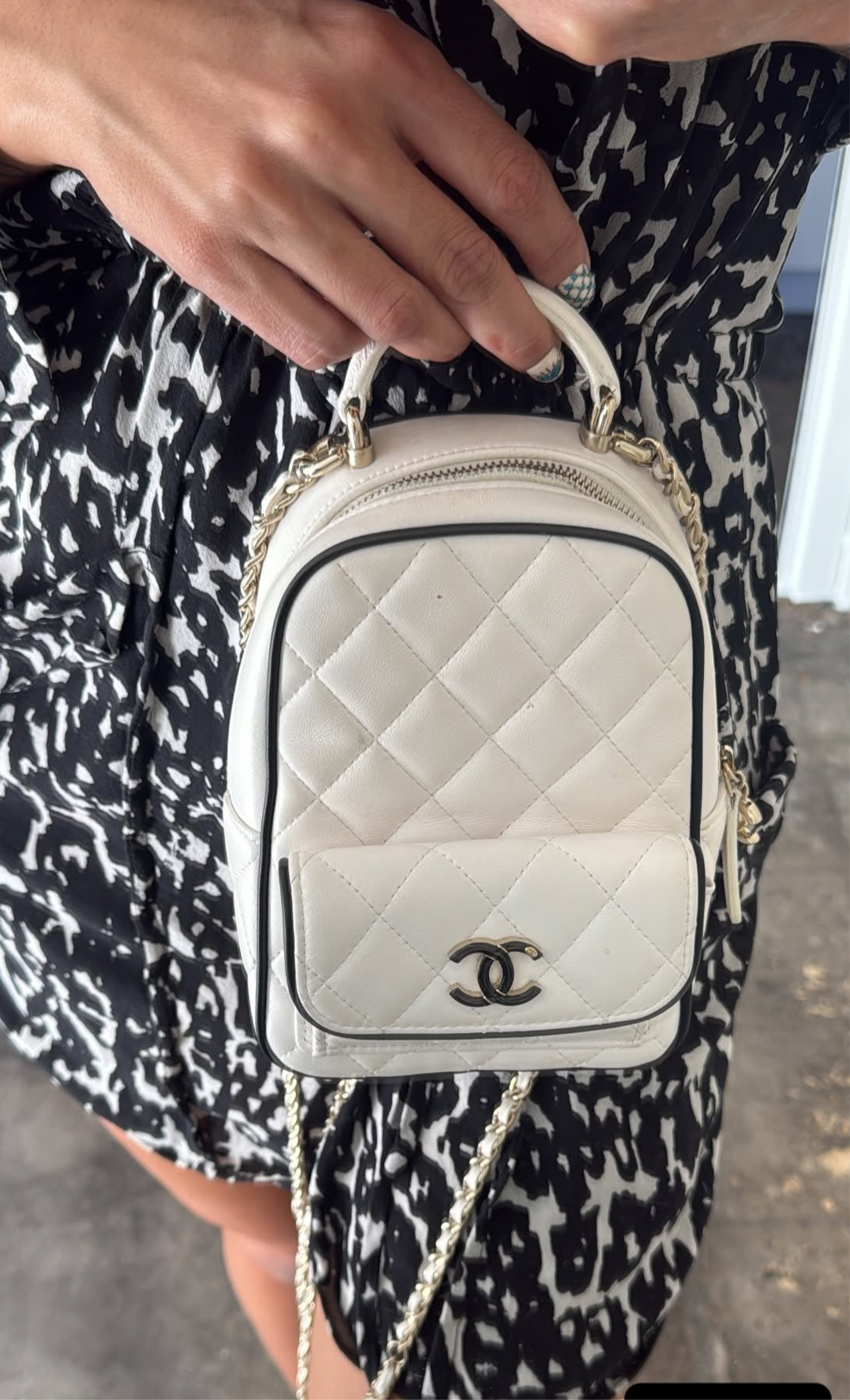 Chanel White Quilted Leather Mini Backpack With Gold Chains And Top Handle