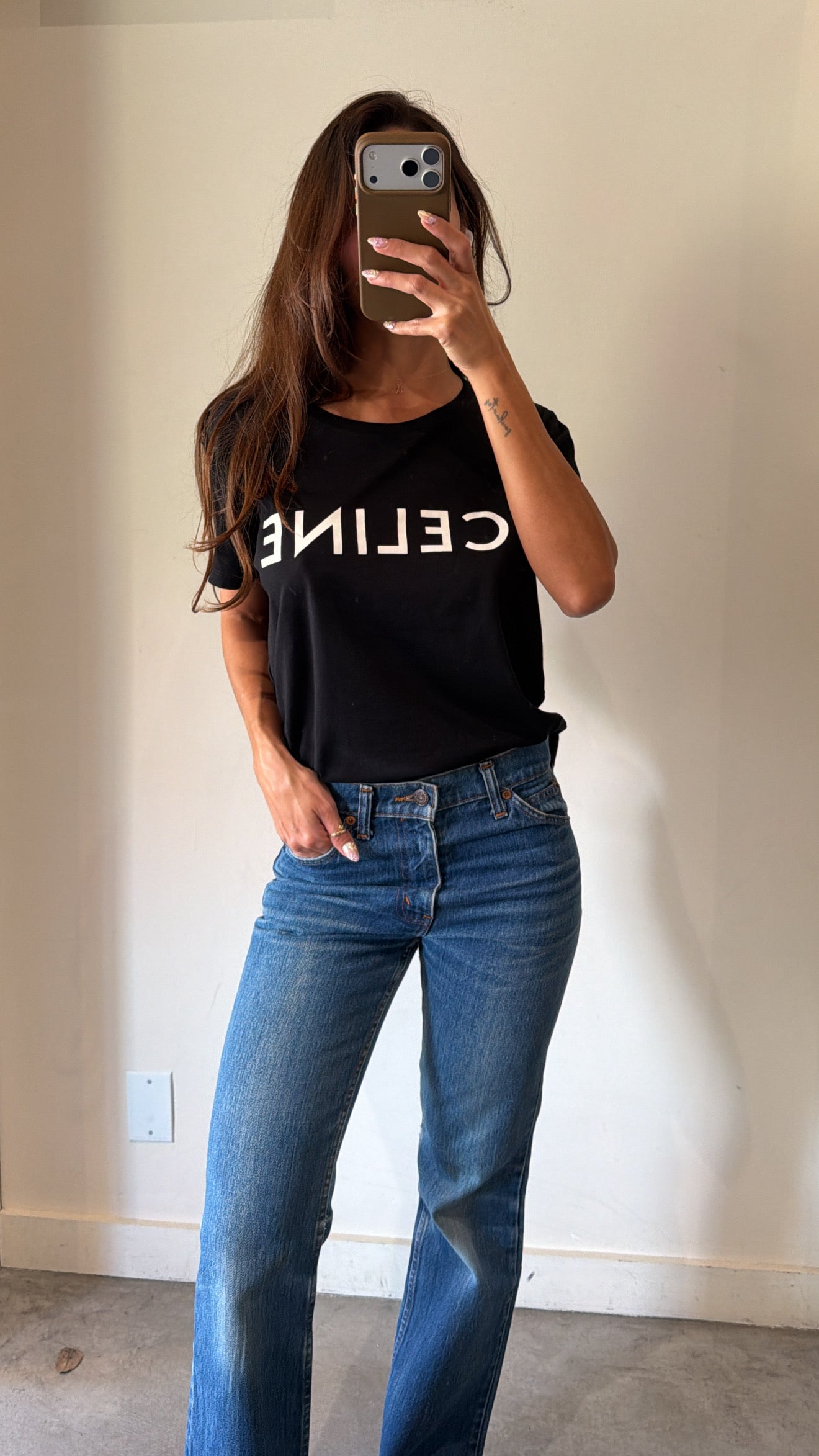 Celine Black Short Sleeve Cotton T Shirt With Logo In White Size M