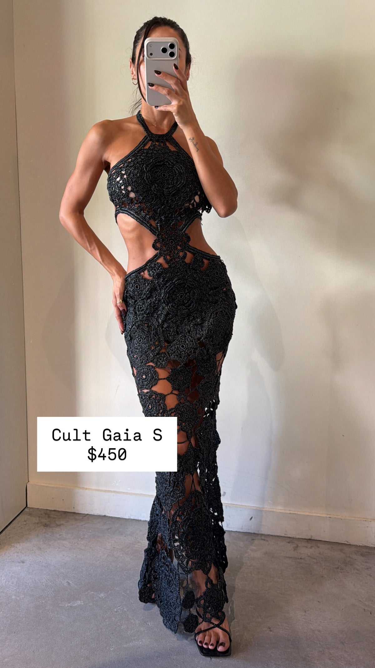 Cult Gaia black Accalia crochet cut out maxi dress size