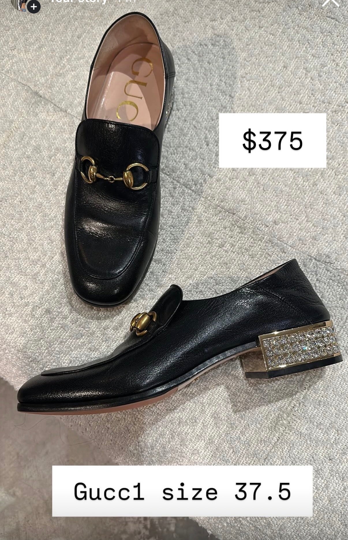 Gucci Black Leather Loafers With Crystal Heels Size 37.5