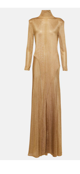 Tom Ford Gold Lamé Knit Long Sleeve Mock Neck Maxi Dress With Shoulder Pads No Size