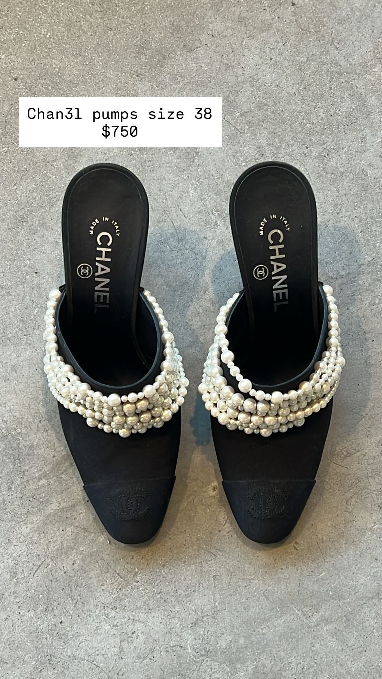 Chanel Black Canvas Heeled Mules With Pearls Size 38