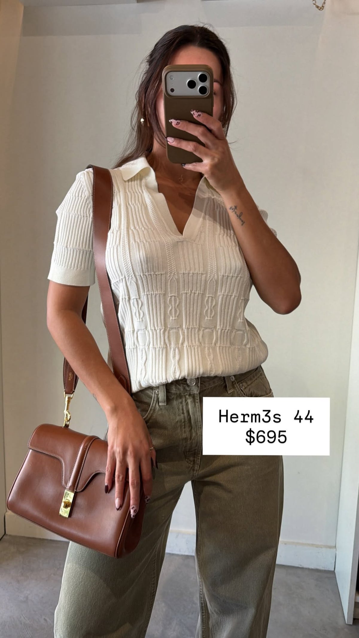 Hermes Ivory Knit Short Sleeve Collared Top Size 44