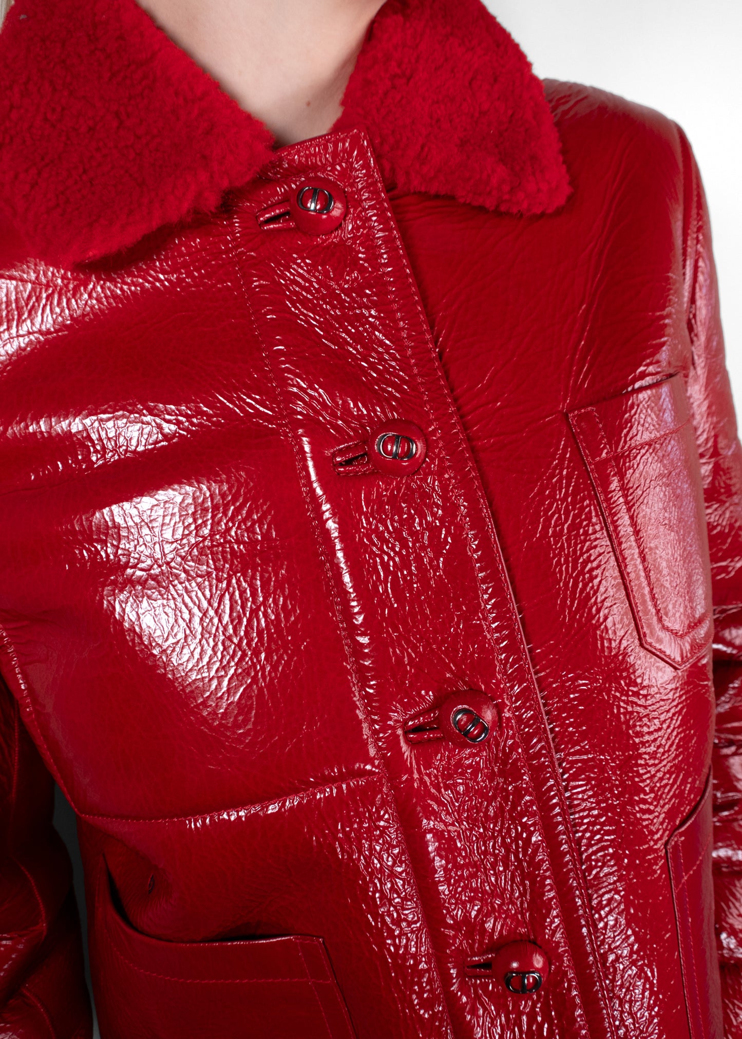 Dior Red Glossed Crinkled Leather Shearling Collar Cropped Jacket