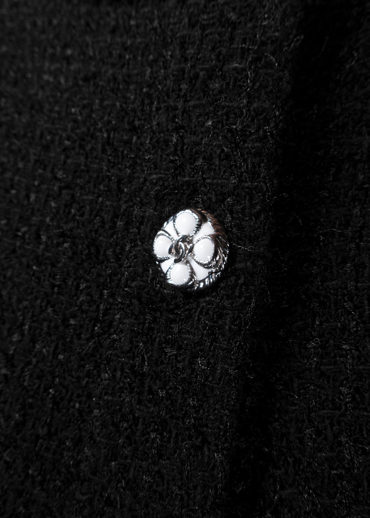 Chanel Black Tweed Camellia Button Cropped Bouclé Jacket