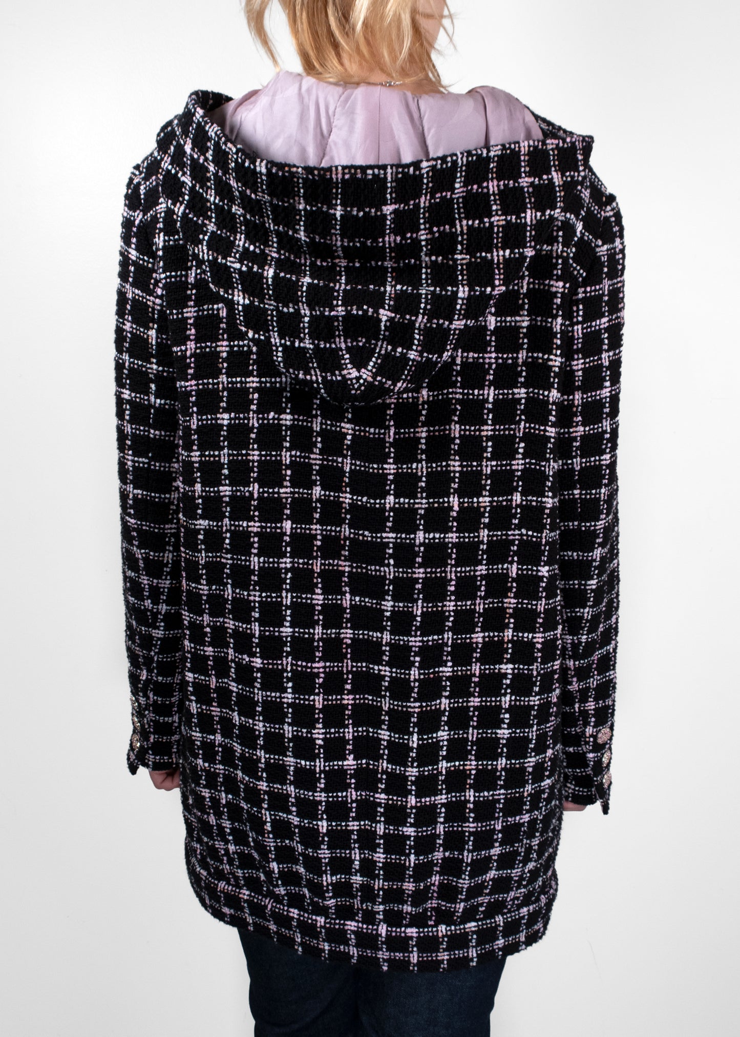 Chanel Black and Pink Plaid Hooded Tweed Longline Jacket