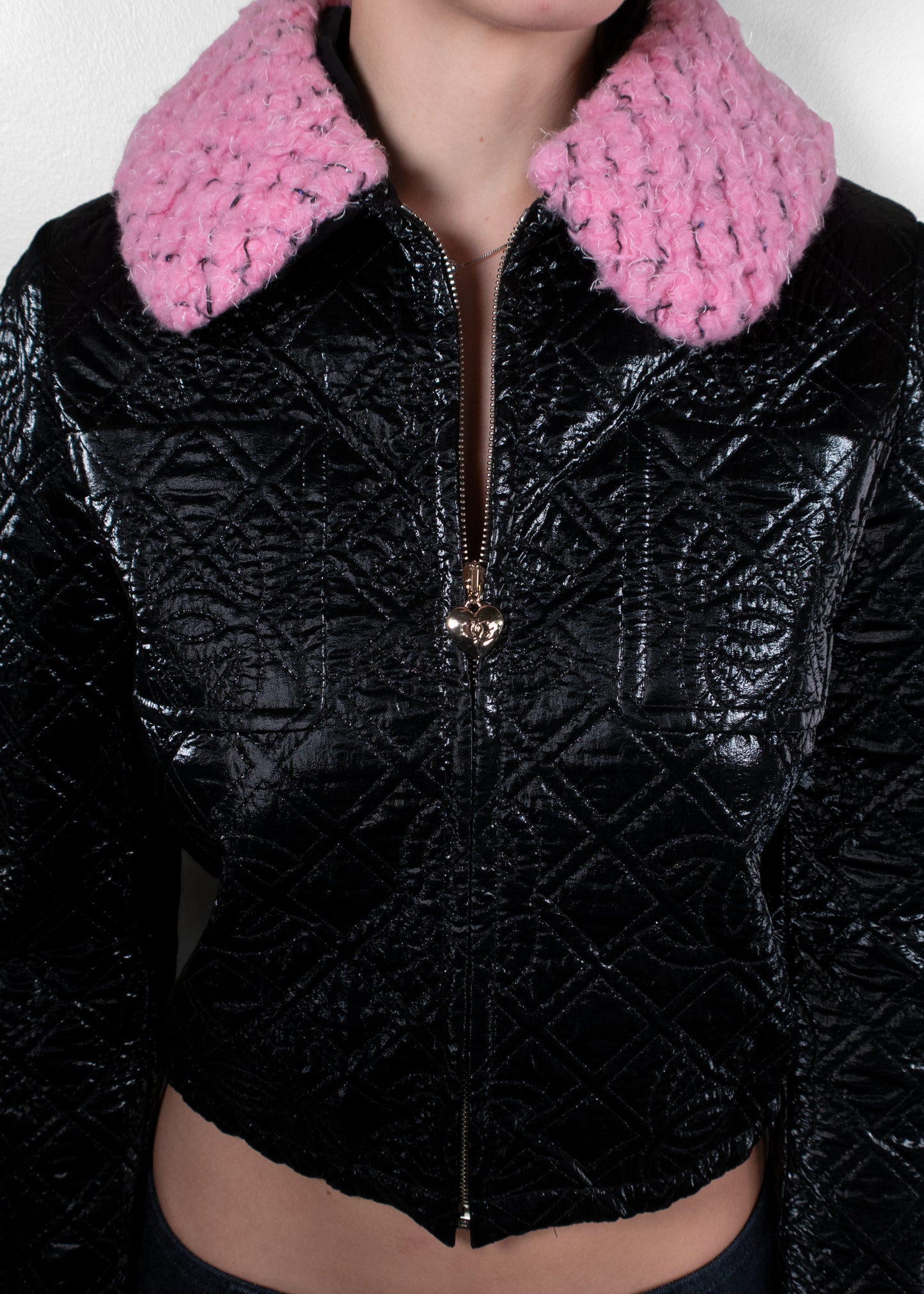 Chanel Black Quilted Cannage Patent Jacket with Pink Shearling Collar
