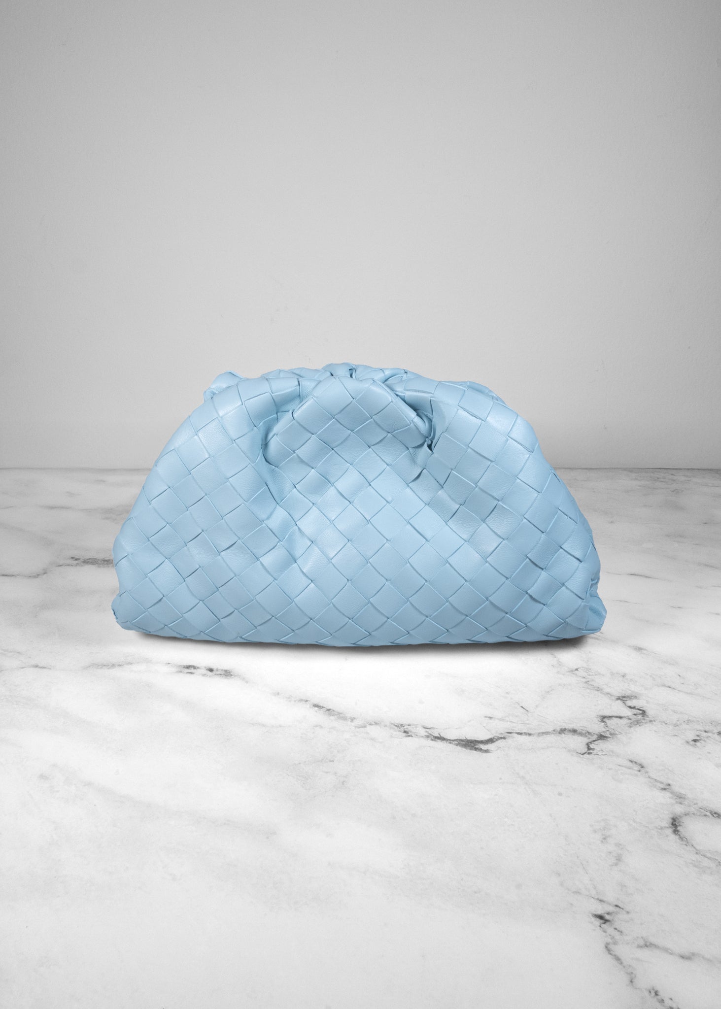 Bottega Veneta The Pouch Sky Blue Intercciato Woven Leather Clutch