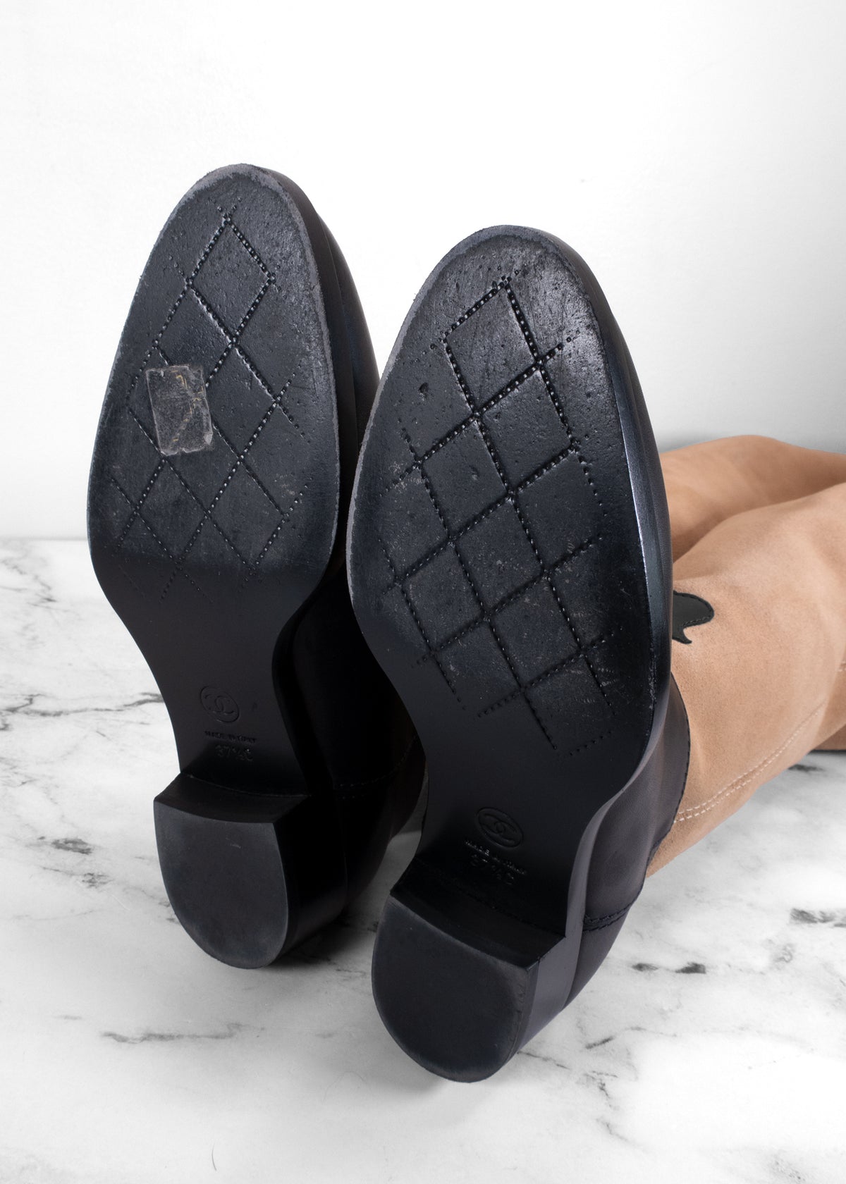 Chanel Two-Tone Tan Suede & Black Leather Over-The-Knee Boots