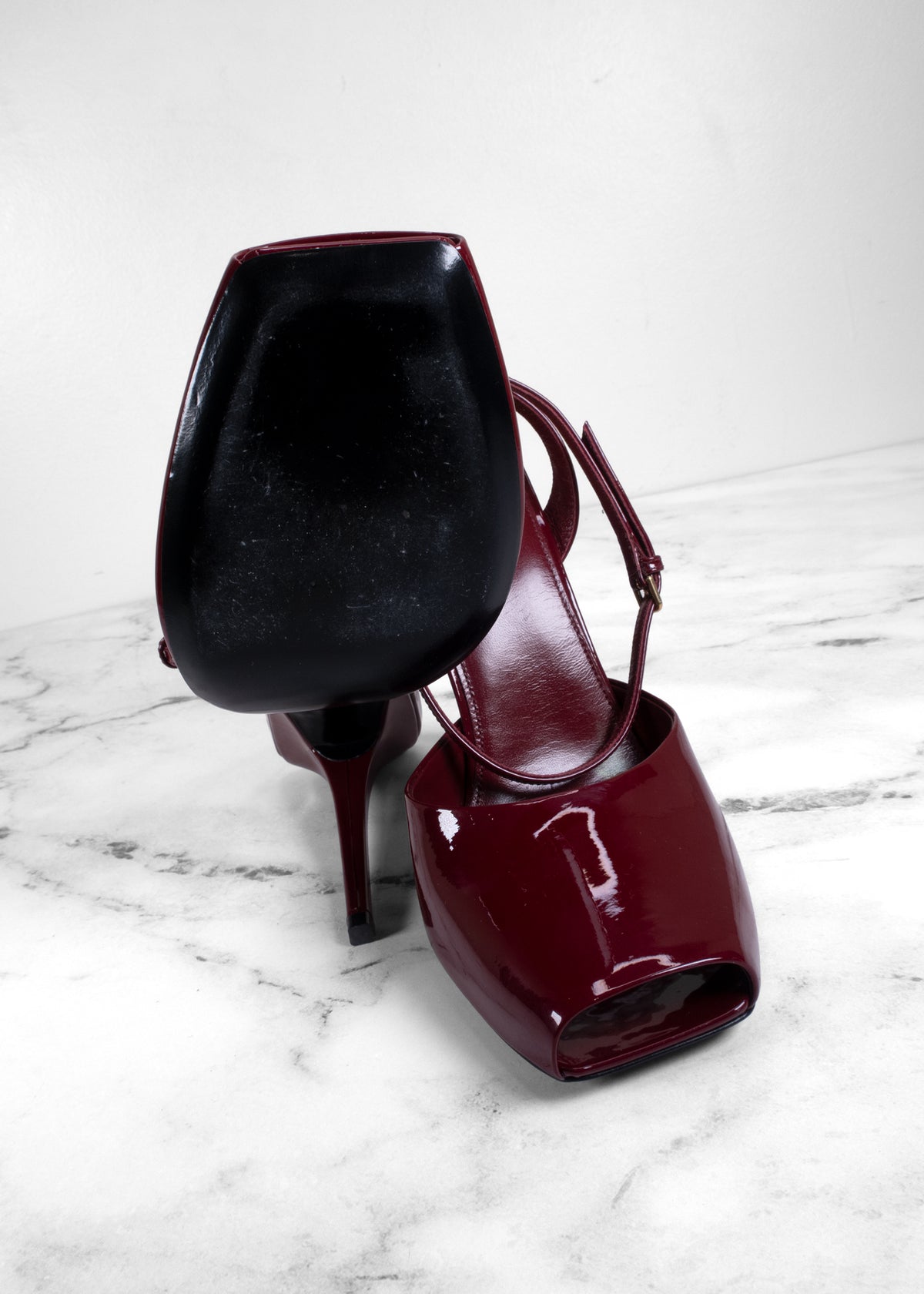 Saint Laurent Burgundy Patent Leather Peep-Toe Slingback Pumps
