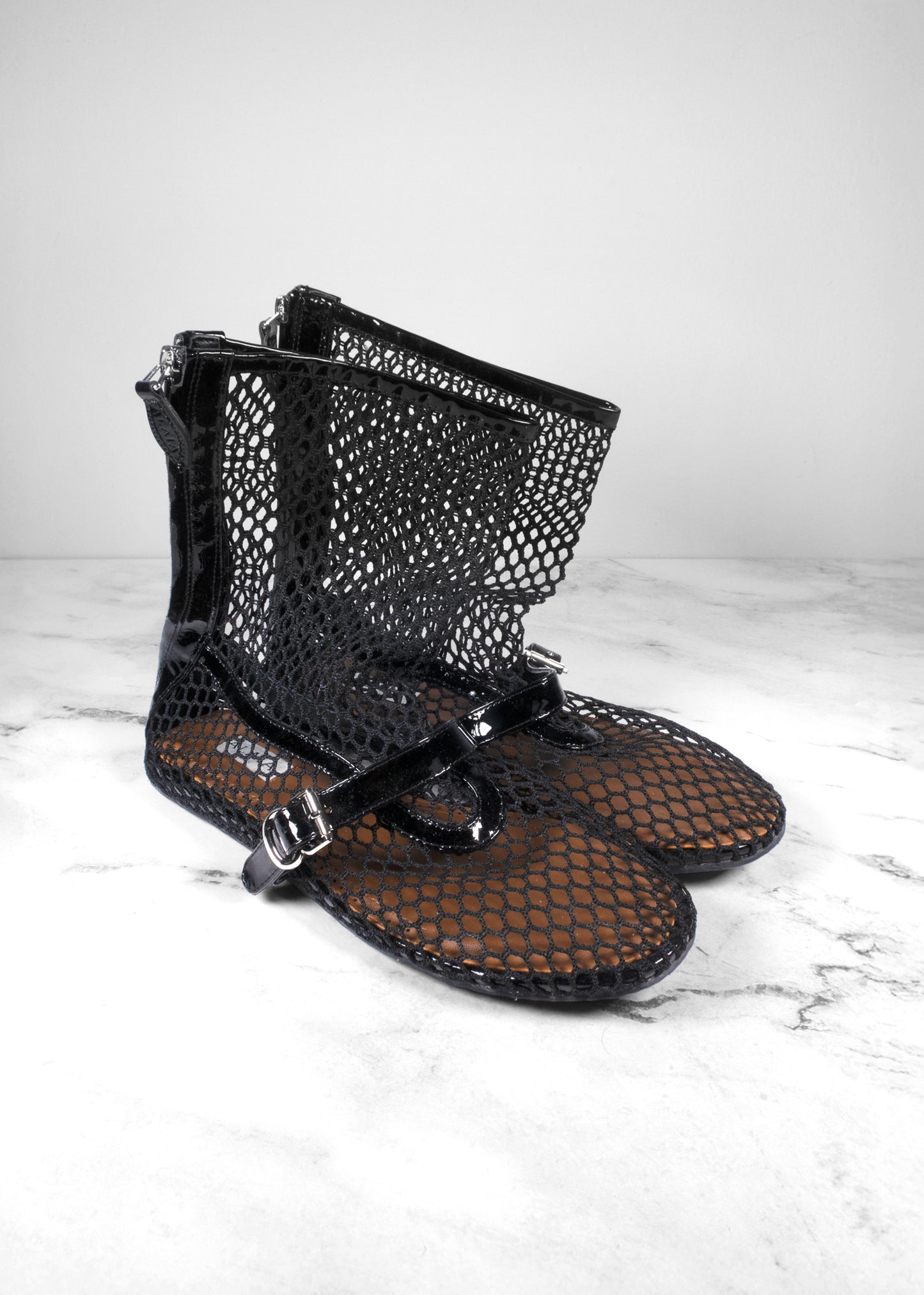 Alaïa Black Fishnet Leather-Trimmed Ankle Ballet flat booties