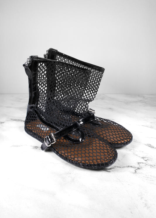 Alaïa Black Fishnet Leather-Trimmed Ankle Ballet flat booties